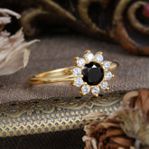 Flower Inspired Unique Cluster Ring Round Cut Black Onyx Engagement Ring